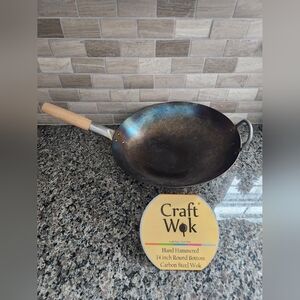 Large 14in Hand Hammered Round Bottom Carbon Steel Craft Wok